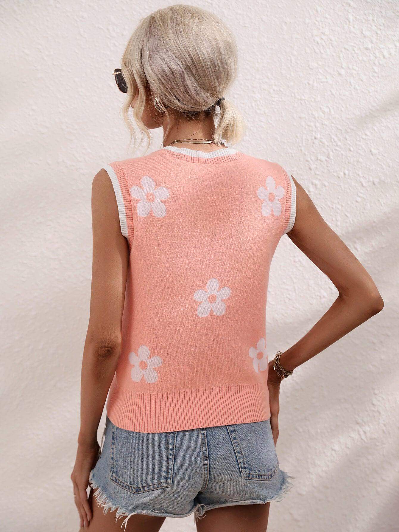 Floral Contrast Ribbed Trim Sweater Vest - Trendsi - Flyclothing LLC