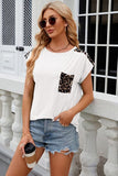 Leopard Round Neck Cap Sleeve T-Shirt - Trendsi