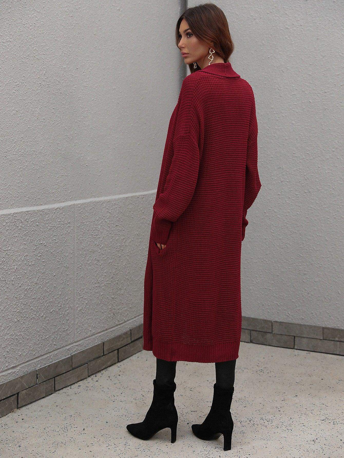 Waffle Knit Open Front Duster Cardigan With Pockets - Trendsi - Flyclothing LLC