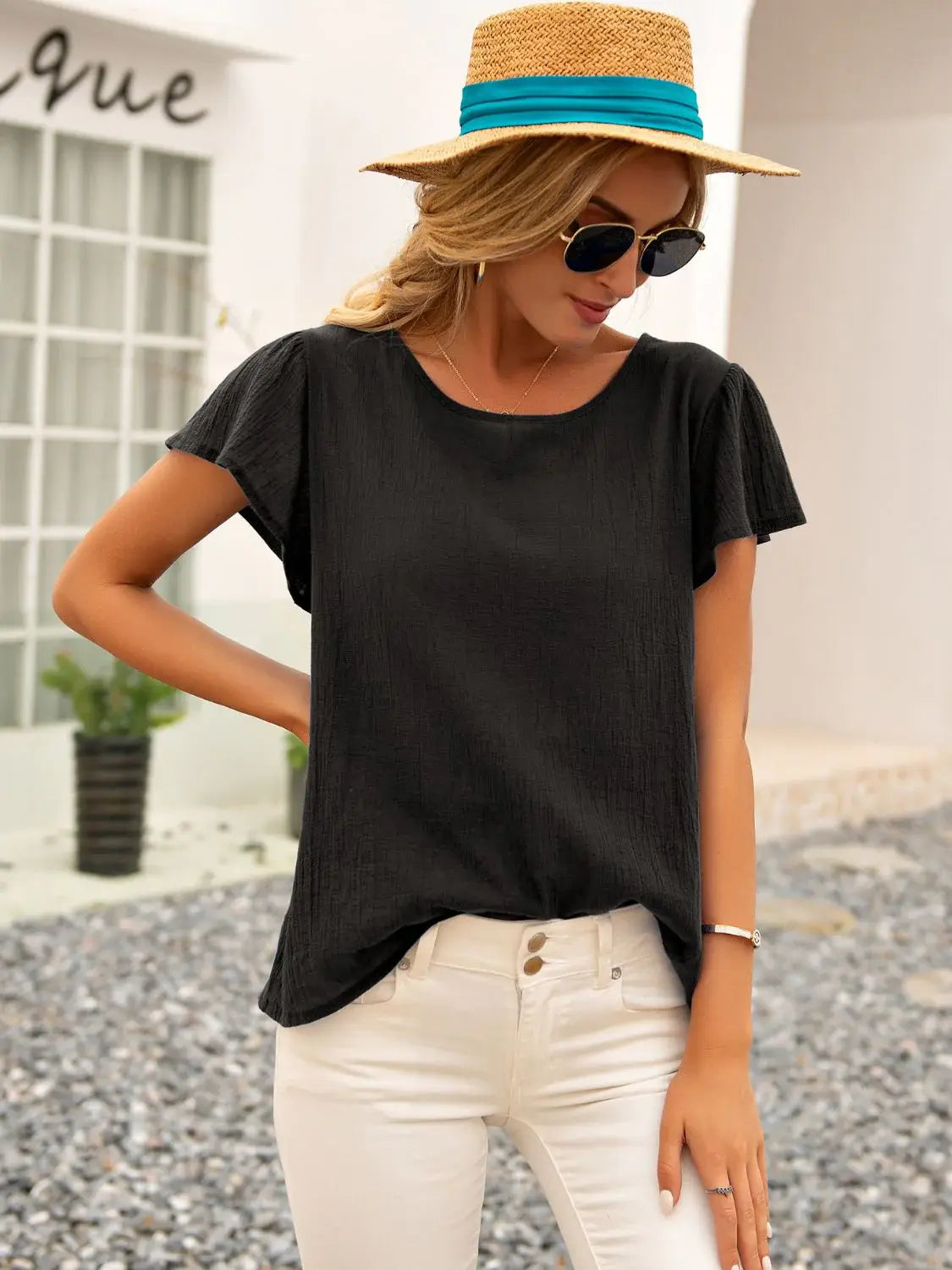 Round Neck Cutout Tie Back Top - Trendsi - Flyclothing LLC