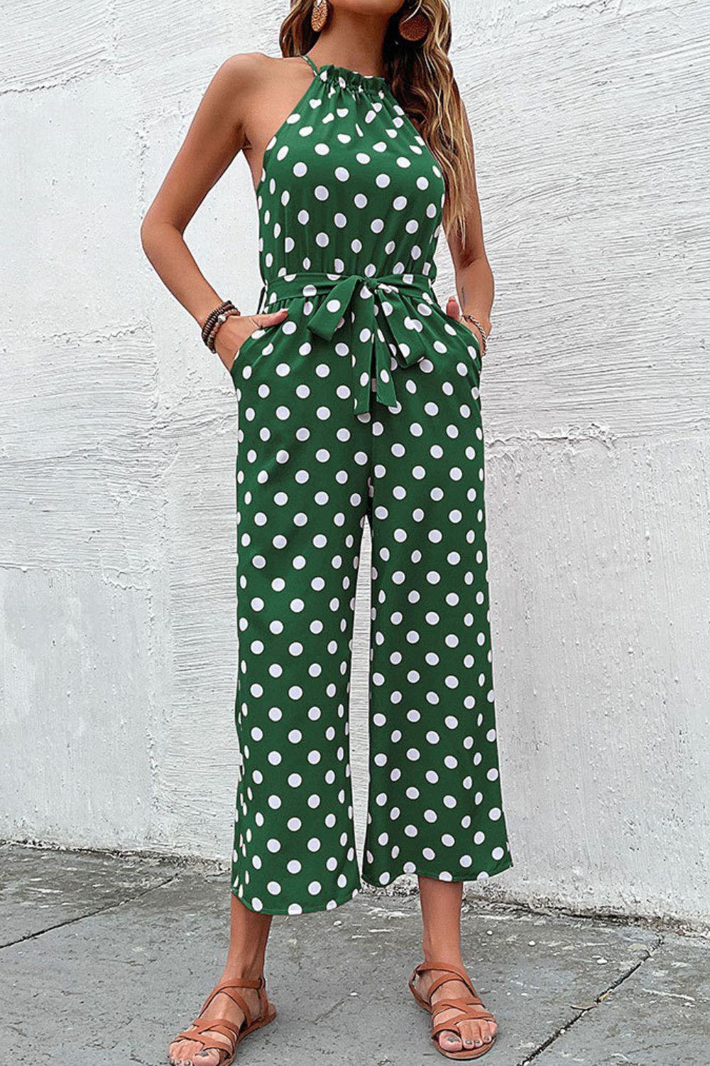 Polka Dot Grecian Wide Leg Jumpsuit - Trendsi