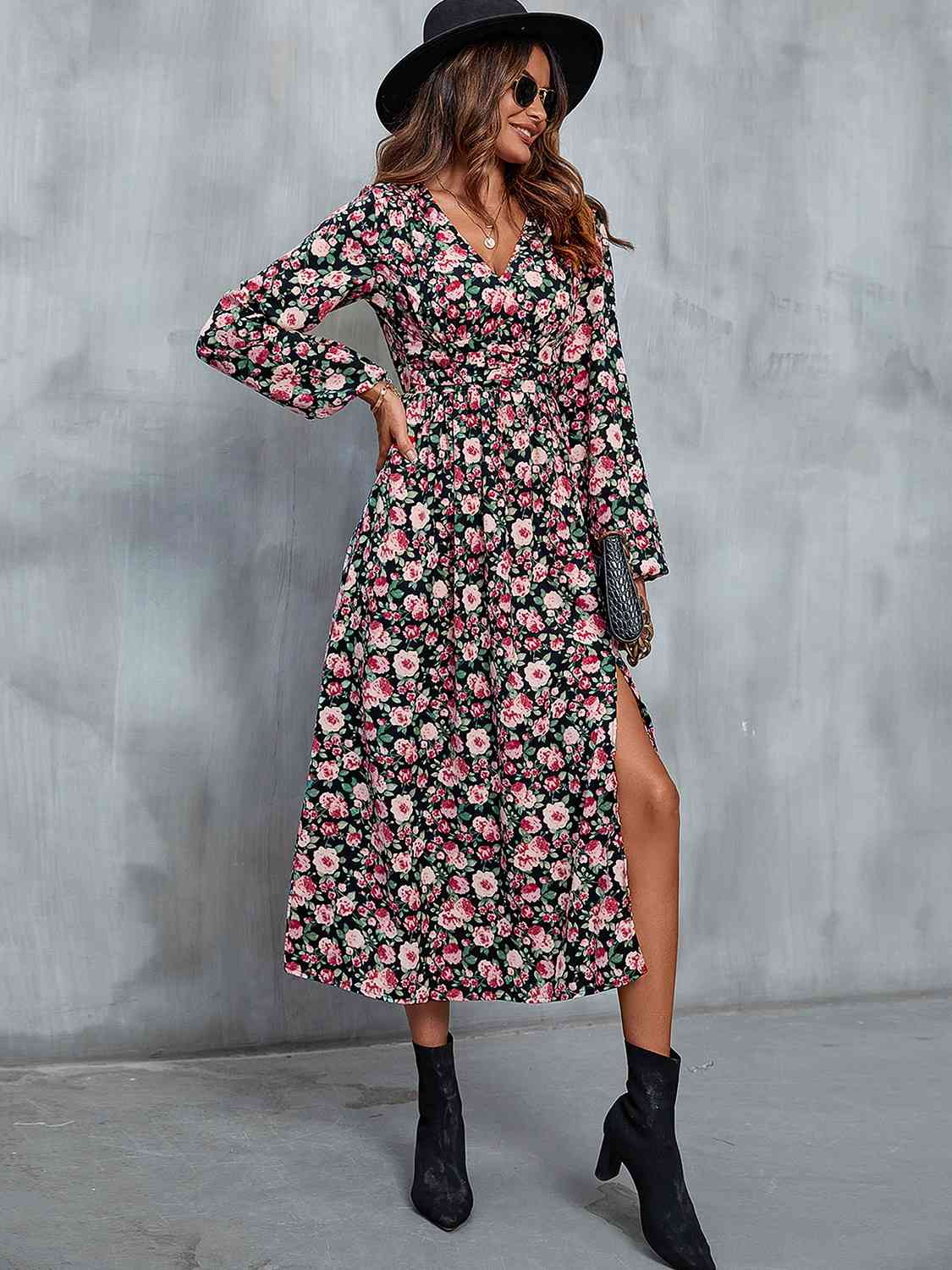 Floral V-Neck Slit Midi Dress - Trendsi - Flyclothing LLC