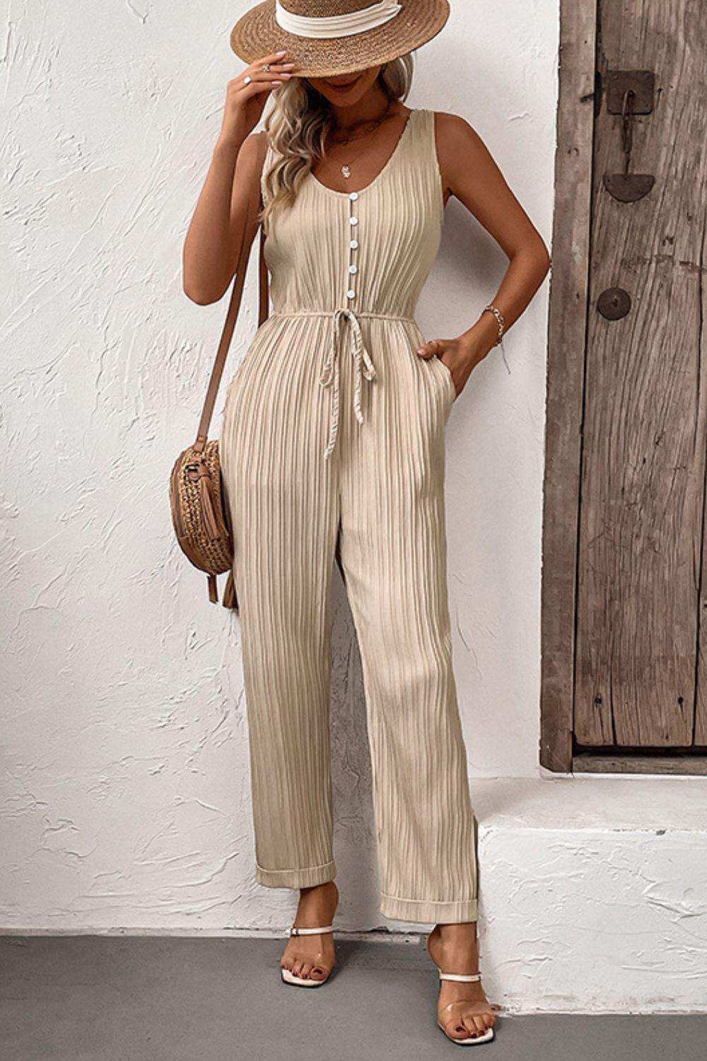 Textured Sleeveless Jumpsuit with Pockets - Trendsi - Flyclothing LLC