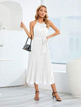 Pleated Spaghetti Strap Tie Waist Midi Dress - Trendsi - Flyclothing LLC