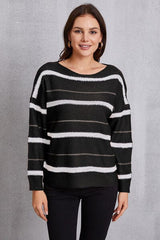 Striped Round Neck Dropped Shoulder Sweater - Flyclothing LLC
