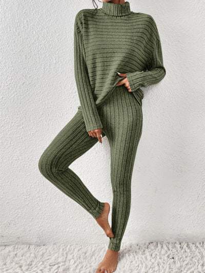 Ribbed Turtleneck Top and Pants Set - Trendsi - Flyclothing LLC