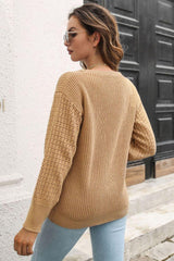 Ribbed Openwork Sleeve Round Neck Pullover Sweater - Trendsi
