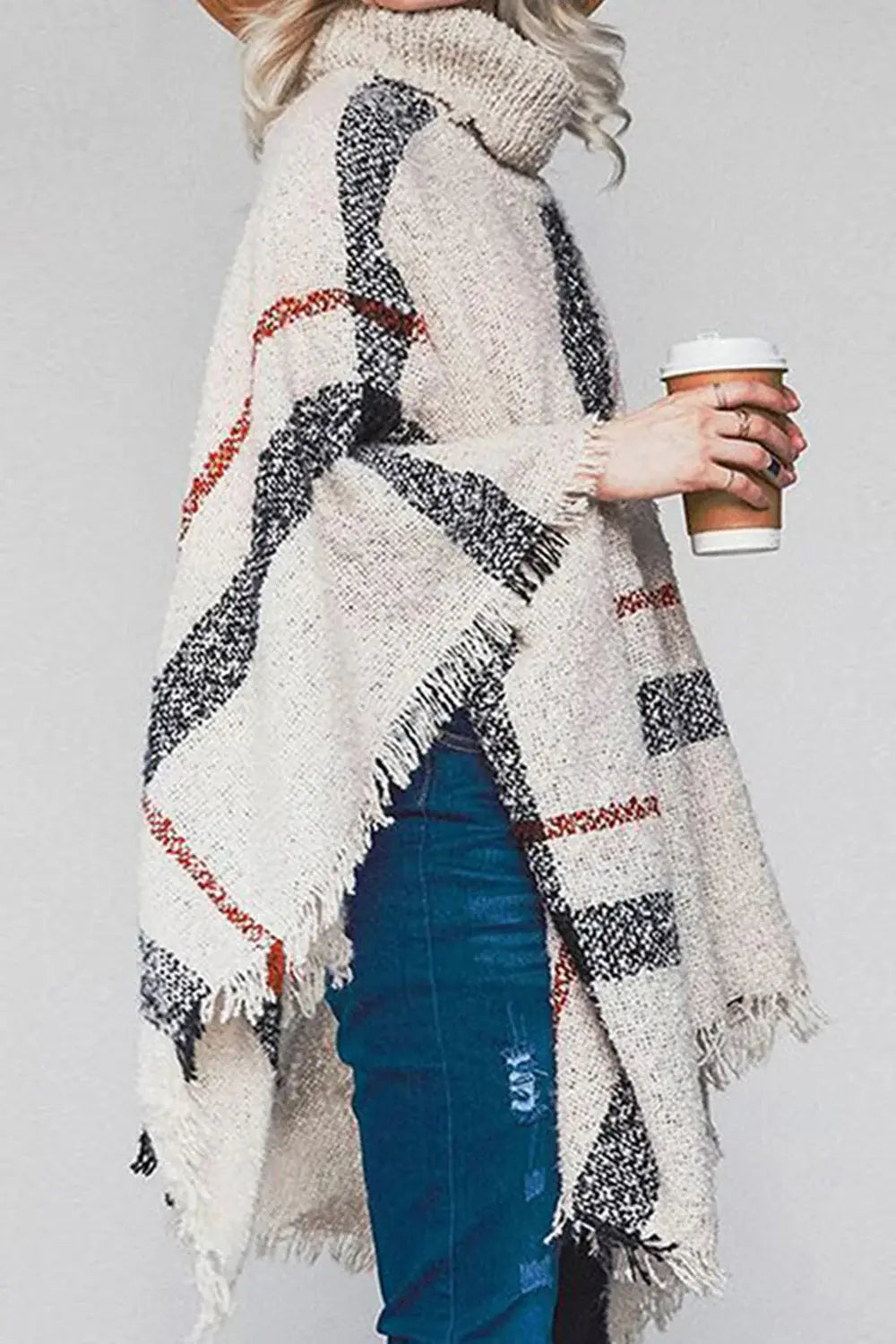 Plaid Turtleneck Raw Hem Poncho - Trendsi - Flyclothing LLC