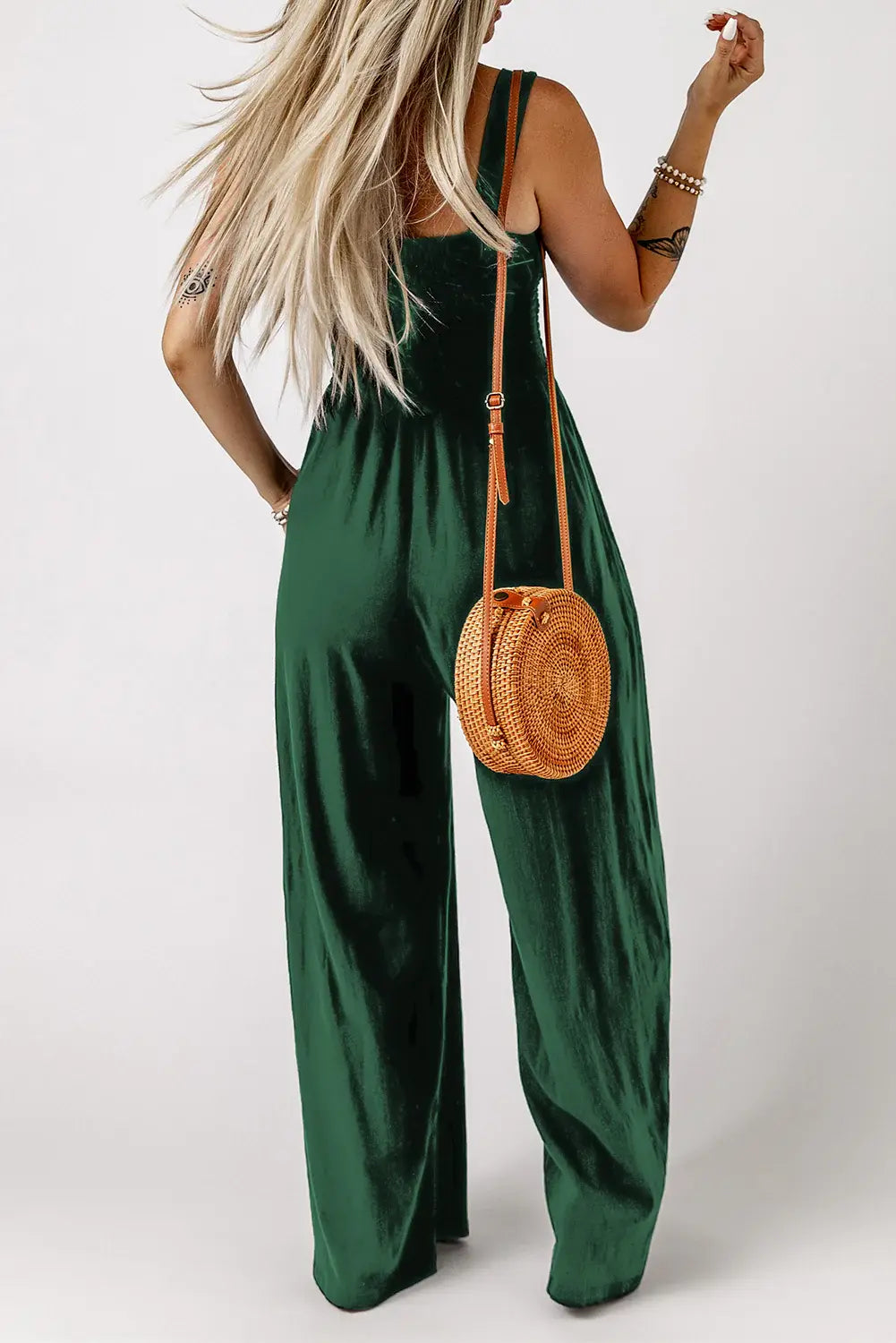Smocked Square Neck Wide Leg Jumpsuit with Pockets - Trendsi - Flyclothing LLC