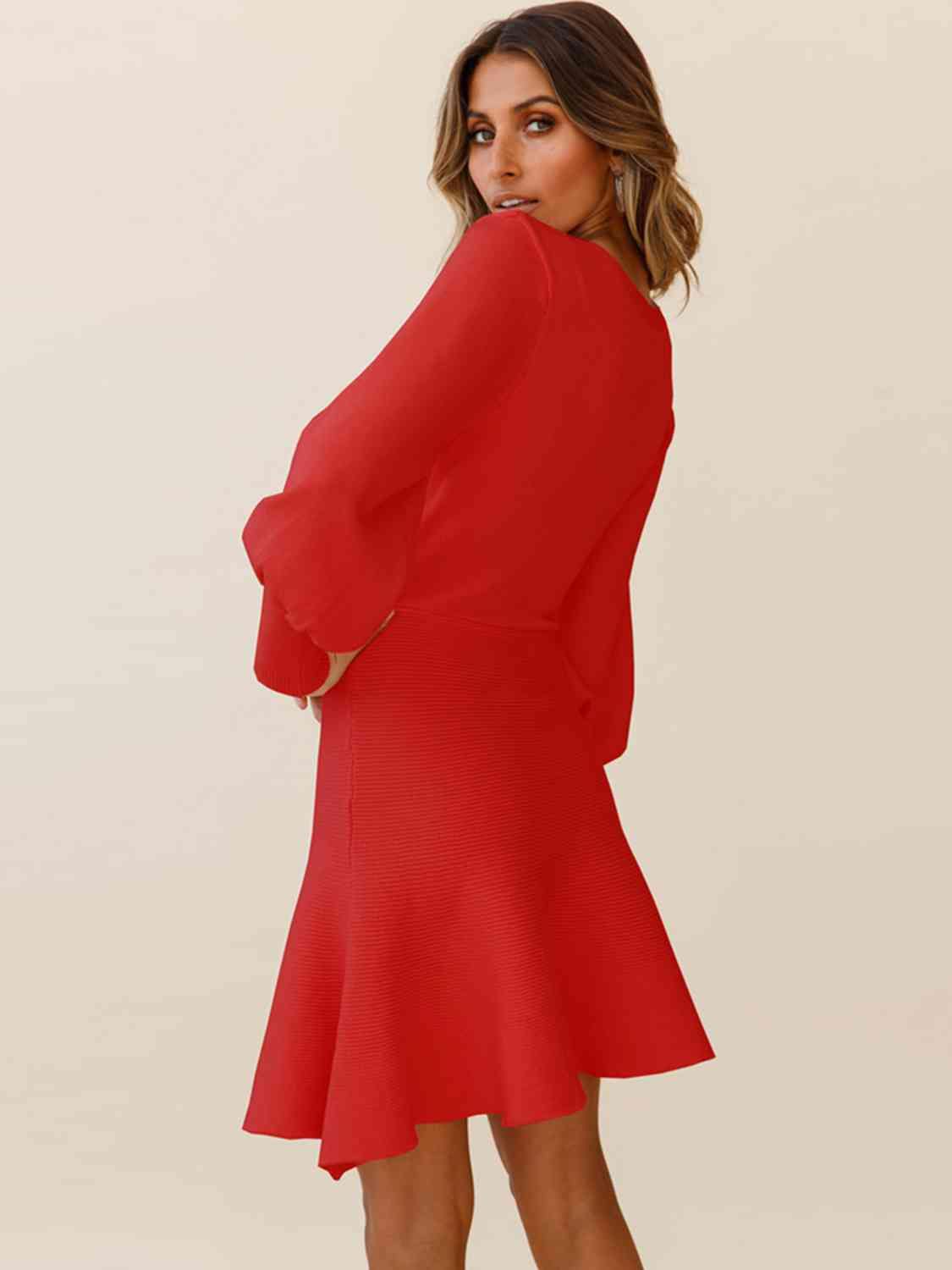 Round Neck Lantern Sleeve Sweater Dress - Trendsi