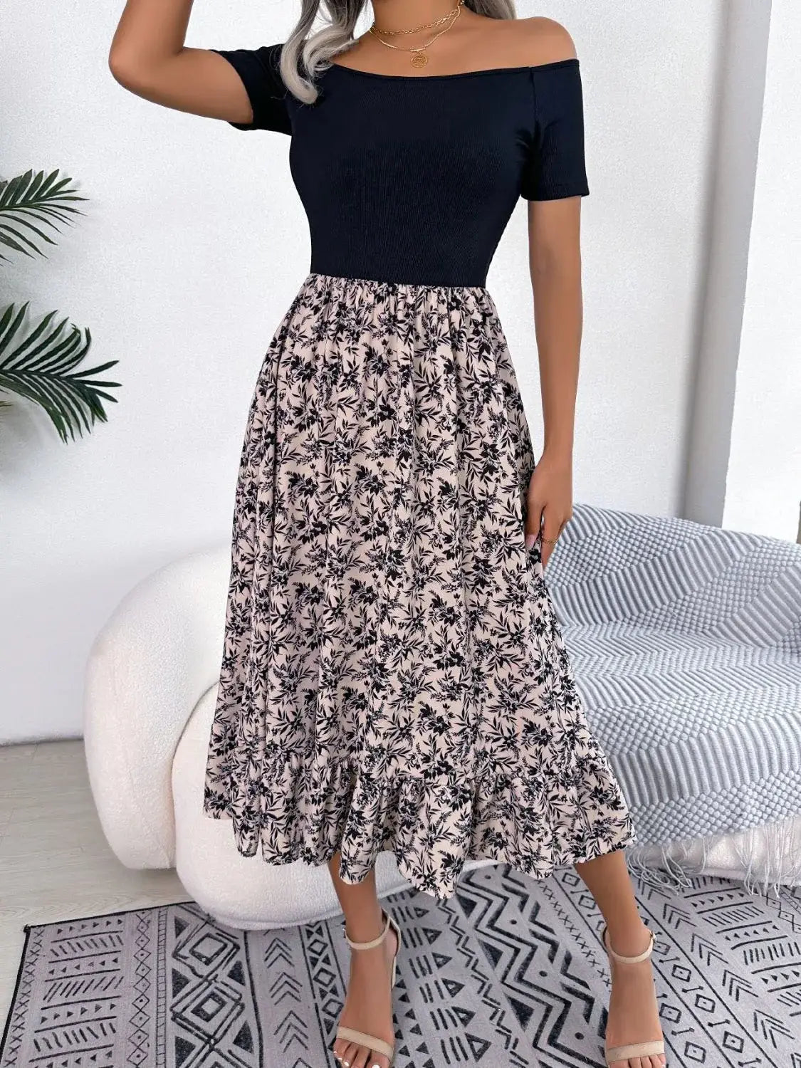 Printed Off-Shoulder Ruffle Hem Dress - Trendsi - Flyclothing LLC