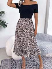 Printed Off-Shoulder Ruffle Hem Dress - Trendsi