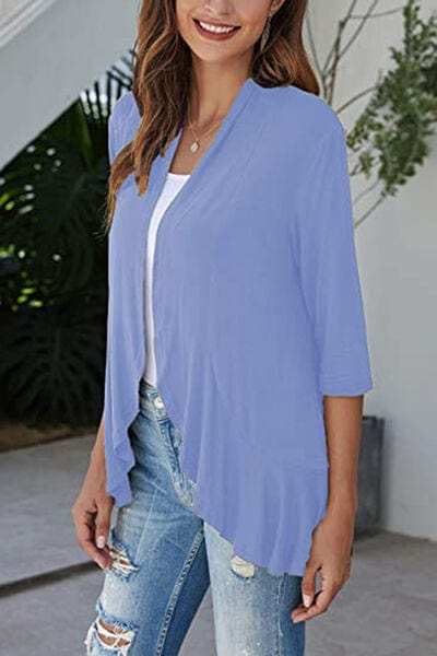 Open Front Three-Quarter Sleeve Cardigan - Trendsi - Flyclothing LLC