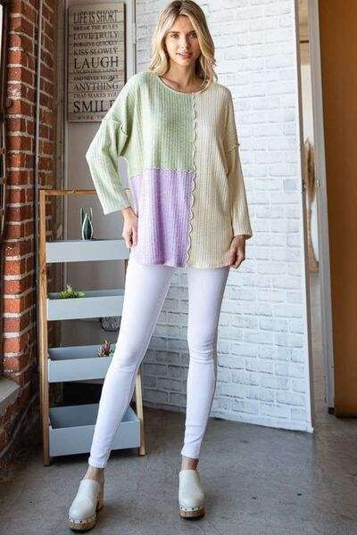 Culture Code Color Block Round Neck Dropped Shoulder Blouse - Trendsi - Flyclothing LLC