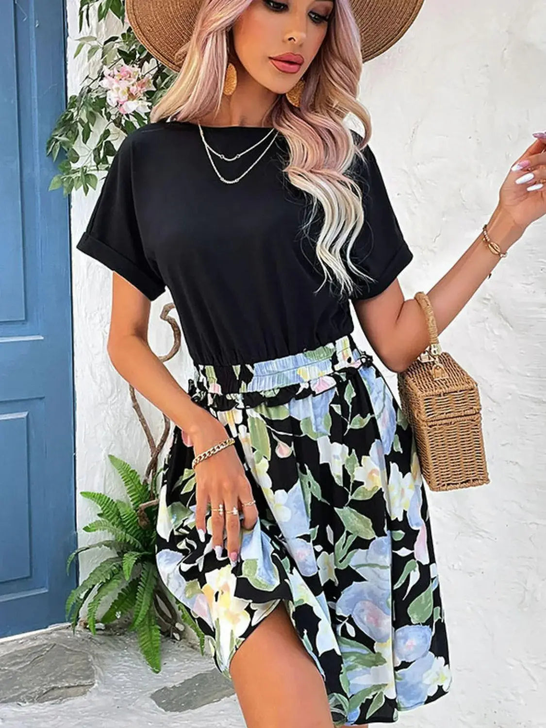 Two-Tone Round Neck Cuffed Sleeve Dress - Trendsi - Flyclothing LLC