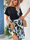 Two-Tone Round Neck Cuffed Sleeve Dress - Flyclothing LLC