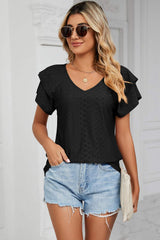 Eyelet V-Neck Short Sleeve T-Shirt - Trendsi - Flyclothing LLC