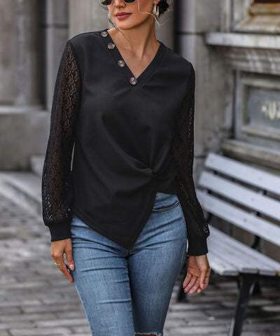 Twisted Decorative Button Long Sleeve T-Shirt - Trendsi - Flyclothing LLC