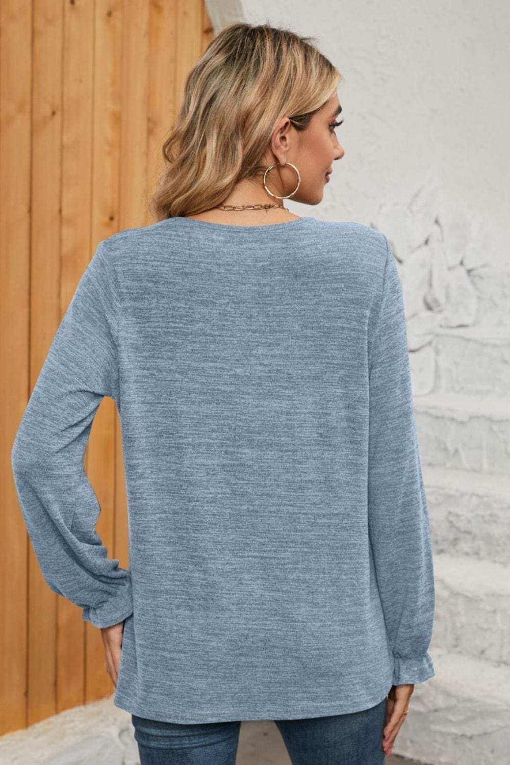 Ruched Round Neck Flounce Sleeve T-Shirt - Trendsi - Flyclothing LLC