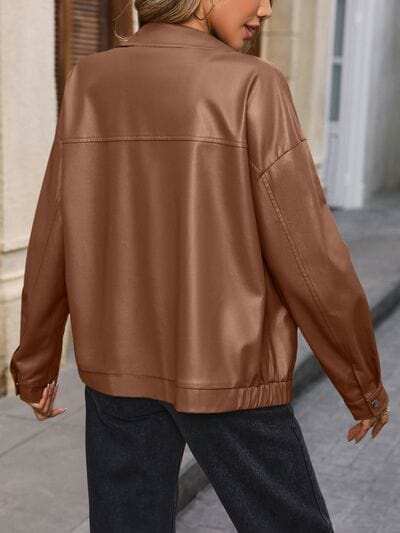 Pocketed Zip Up Collared Neck Jacket - Trendsi - Flyclothing LLC