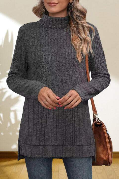 Turtleneck High Low Top - Trendsi - Flyclothing LLC