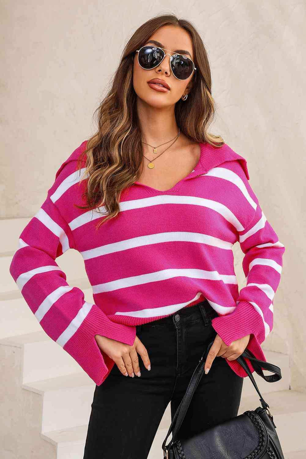 Striped Collared Neck Slit Sweater - Trendsi - Flyclothing LLC