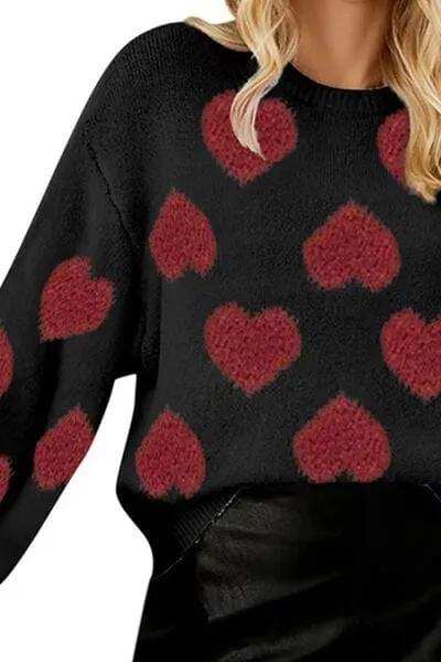 Heart Round Neck Dropped Shoulder Sweater - Trendsi - Flyclothing LLC