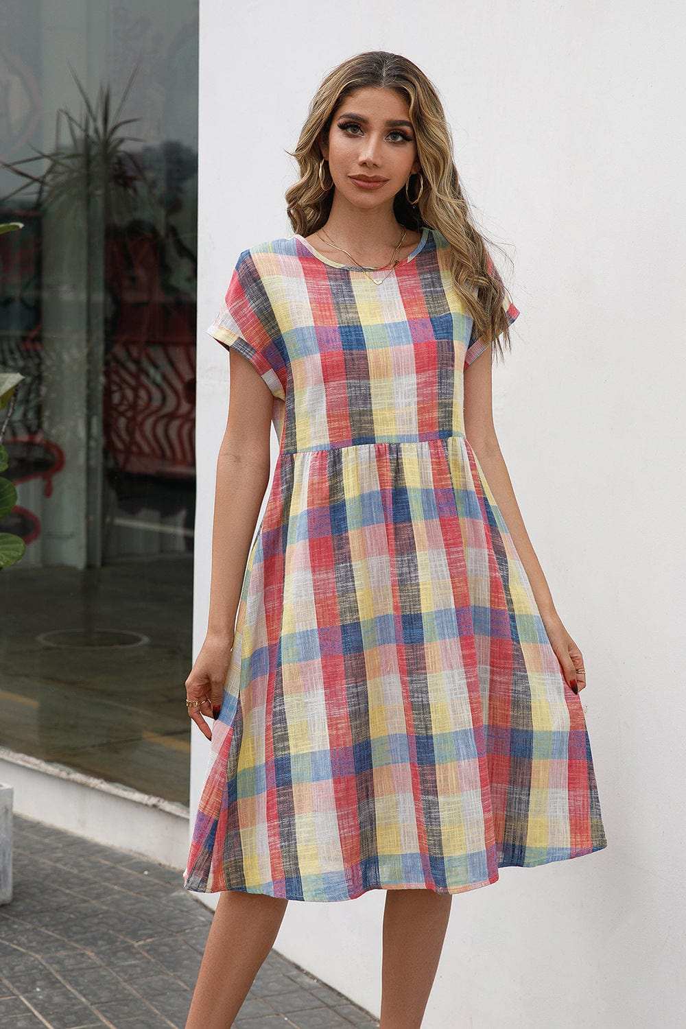 Plaid Round Neck Cap Sleeve Dress - Trendsi - Flyclothing LLC