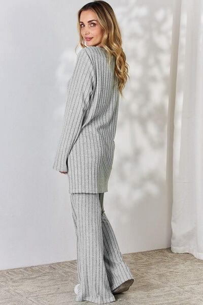 Basic Bae Full Size Ribbed High-Low Top and Wide Leg Pants Set - Trendsi
