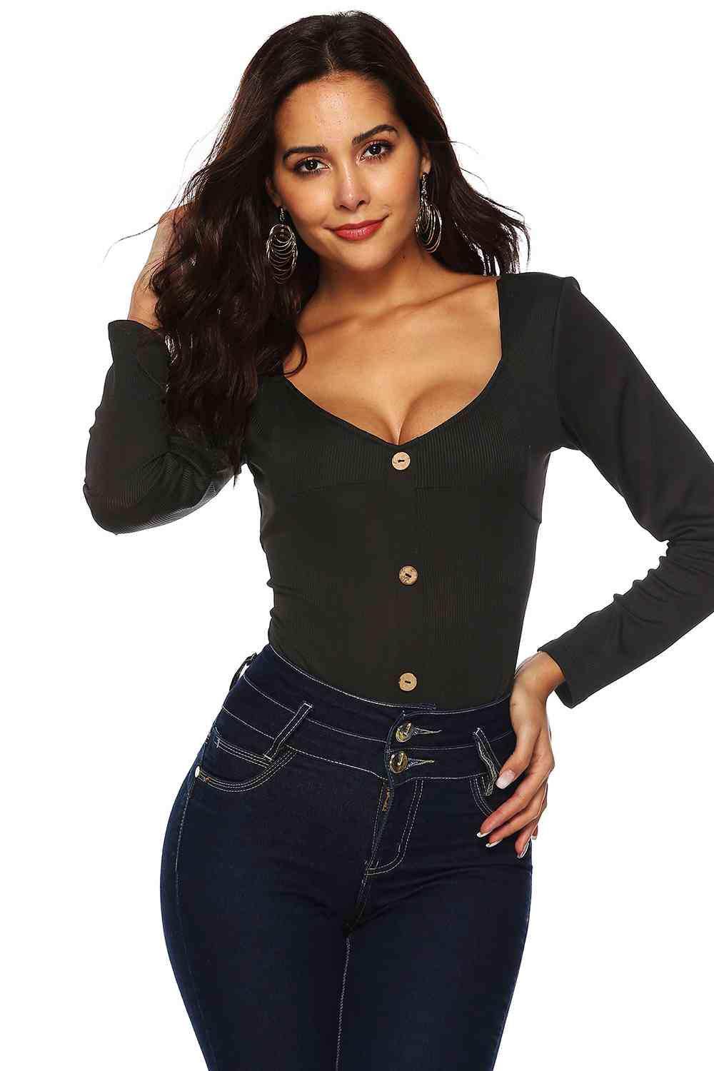 Button Detail Bodysuit - Trendsi - Flyclothing LLC