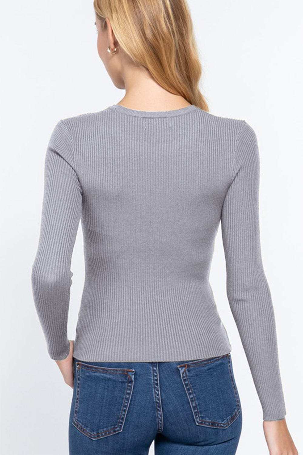 ACTIVE BASIC Full Size Ribbed Round Neck Long Sleeve Knit Top - Trendsi - Flyclothing LLC