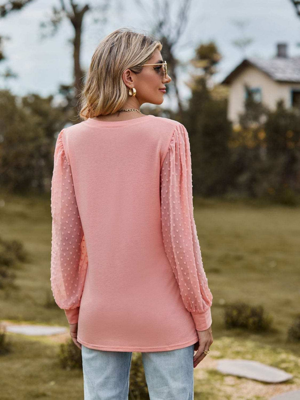 Swiss Dot V-Neck Long Sleeve Blouse - Trendsi - Flyclothing LLC