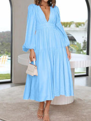 Deep V-Neck Balloon Sleeve Plain Maxi Dress - Trendsi