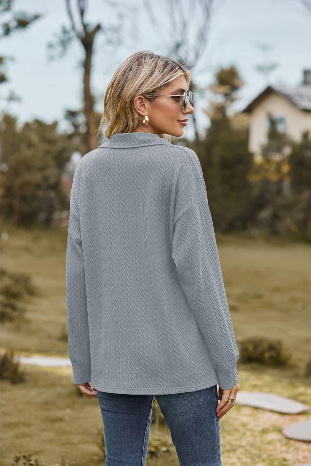 Collared Neck Cable-Knit Long Sleeve Blouse - Trendsi