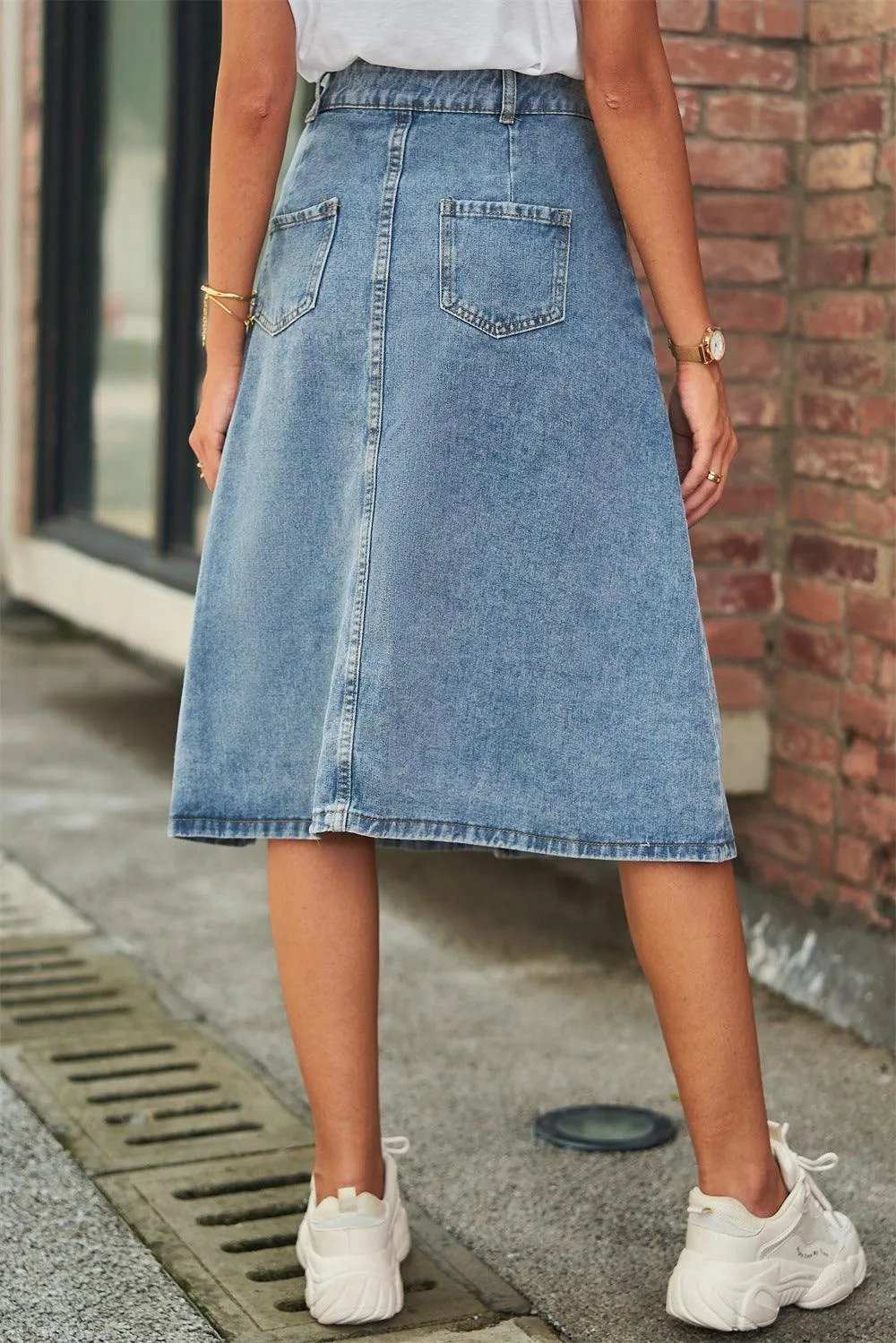 Button Front A-Line Denim Skirt - Trendsi - Flyclothing LLC