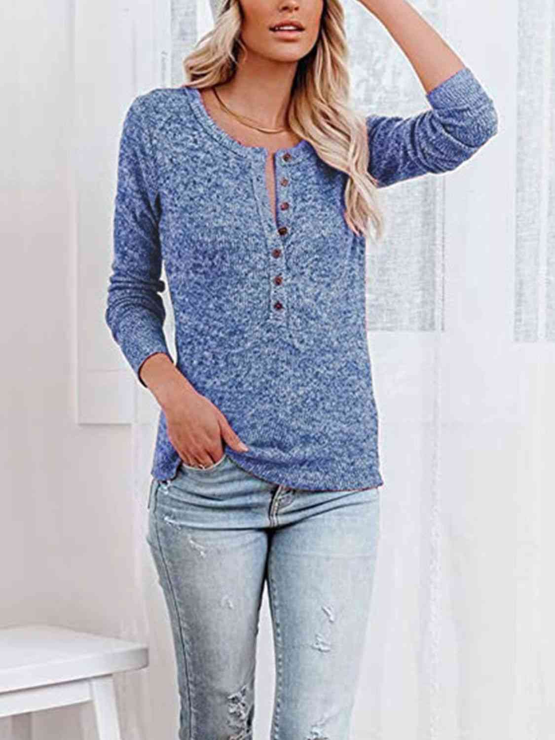 Round Neck Buttoned Long Sleeve T-Shirt - Trendsi - Flyclothing LLC