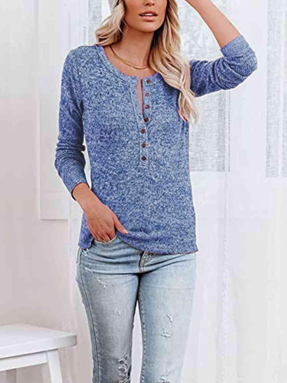 Round Neck Buttoned Long Sleeve T-Shirt - Trendsi
