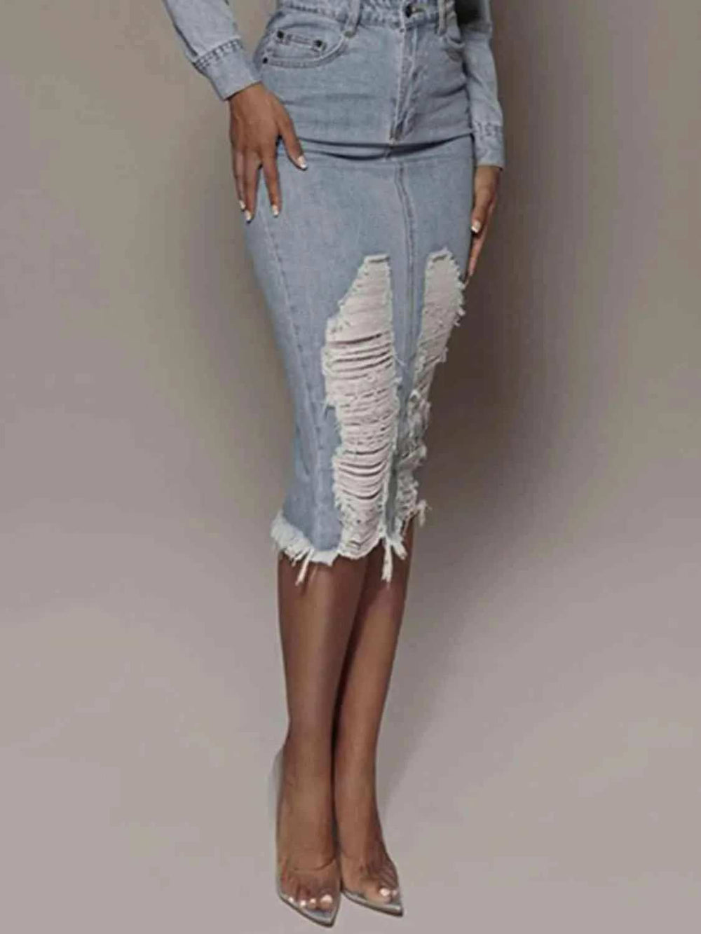 Distressed Slit Denim Skirt - Trendsi - Flyclothing LLC