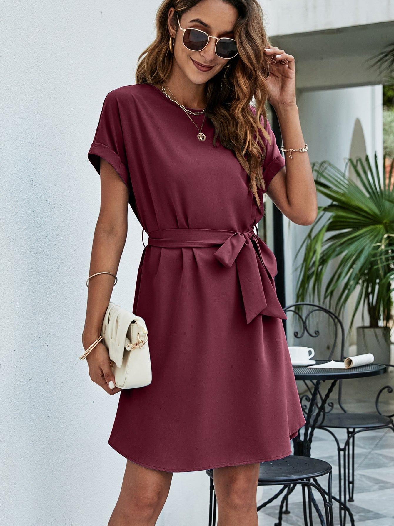 Belted Round Neck Curved Hem Dress - Trendsi