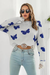 Printed Round Neck Ribbed Long Sleeve Sweater - Trendsi - Flyclothing LLC