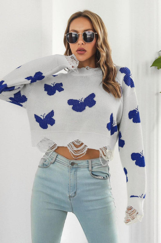 Printed Round Neck Ribbed Long Sleeve Sweater - Trendsi