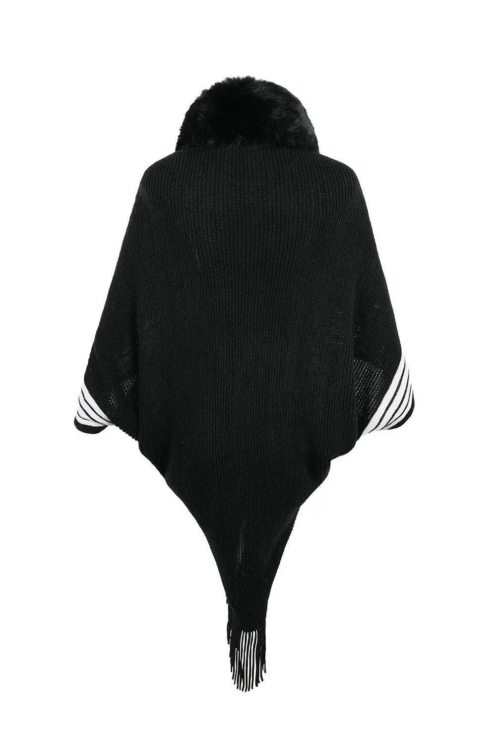 Striped Fringe Detail Long Sleeve Poncho - Trendsi - Flyclothing LLC
