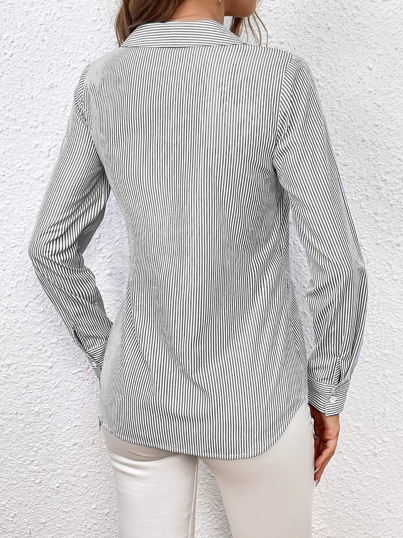 Bow Tie Waist Johnny Collar Neck Striped Blouse - Trendsi - Flyclothing LLC