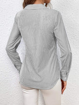 Bow Tie Waist Johnny Collar Neck Striped Blouse - Trendsi - Flyclothing LLC
