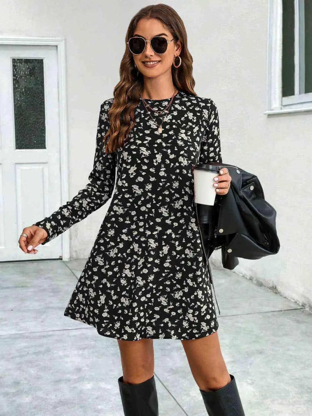 Round Neck Long Sleeve Mini Dress - Trendsi - Flyclothing LLC