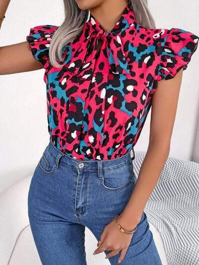 Leopard Tie Neck Cap Sleeve Blouse - Trendsi - Flyclothing LLC