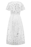 Sequin Leaf Embroidery Tie Front Short Sleeve Dress - Trendsi - Flyclothing LLC