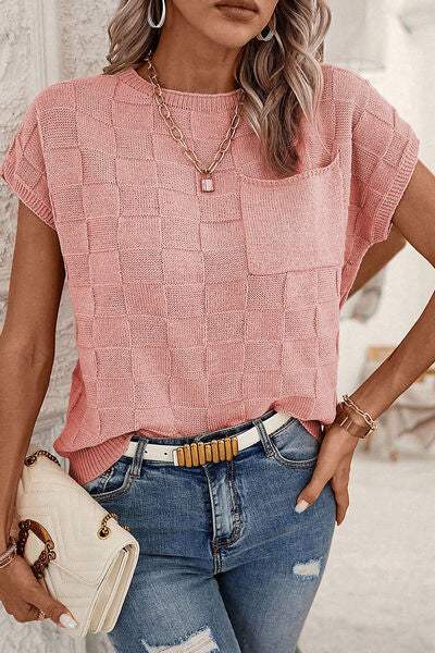 Plaid Pocketed Round Neck Sweater - Trendsi - Flyclothing LLC