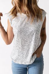 Sequin Round Neck Capped Sleeve Tank - Trendsi