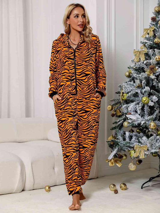 Animal Print  Zip Front Lounge Jumpsuit with Pockets - Trendsi
